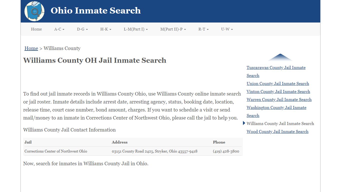 Williams County OH Jail Inmate Search